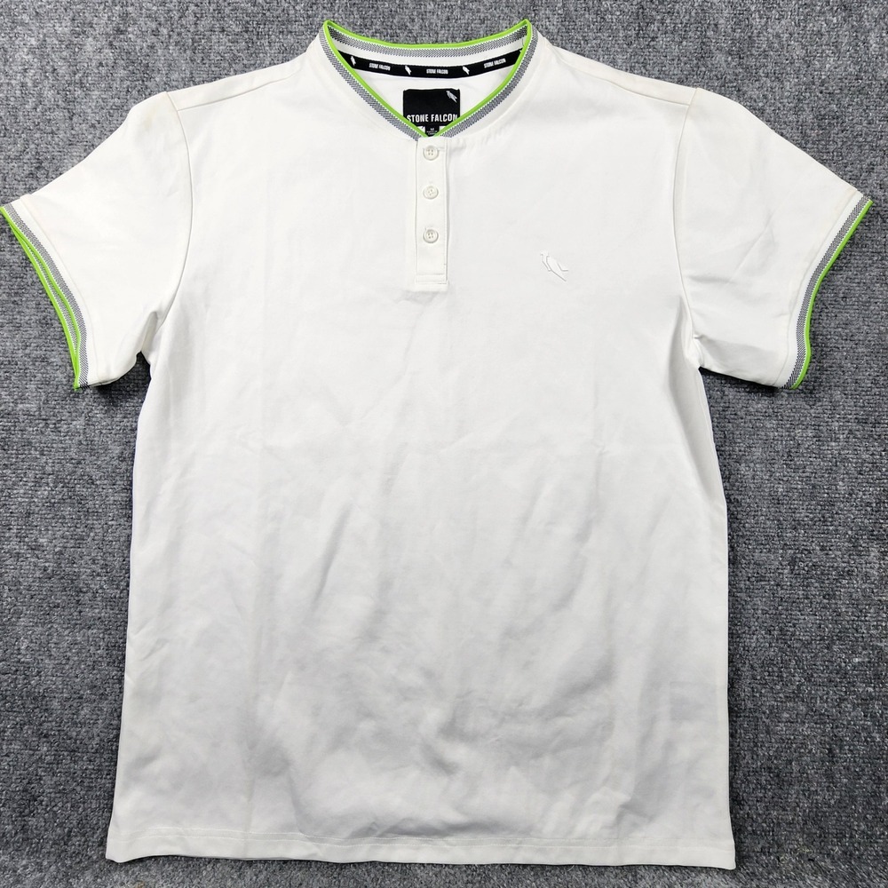 Stone‎ Falcon Mens Henley Polo Shirt White Neon Green Trim Short Sleeve Size M